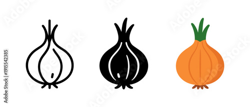 Minimalist onion icons set: line art, silhouette, and flat design