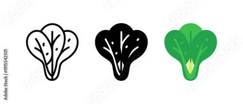 Bok choy icons in minimalist outline, solid, and colorful designs