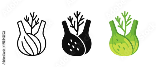 Elegant fennel icons in line, glyph, and color styles for culinary design