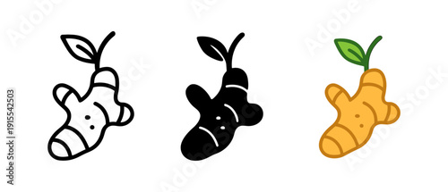Ginger icons set: black, outline, and color variations with leaves