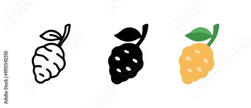 Three guava icons: outline, silhouette, and colored versions for creative designs