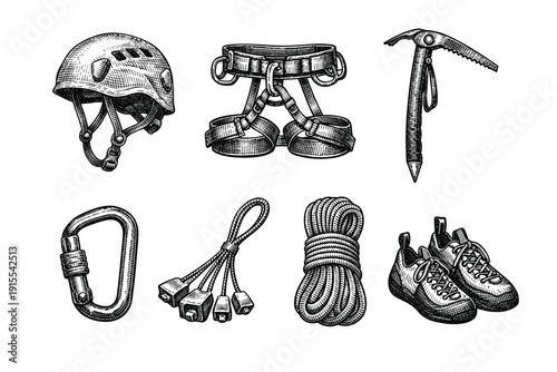 Vintage hand drawn rock climbing gear and mountaineering equipment in engraving style