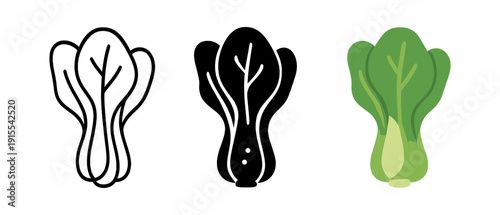 Trio of bok choy in line art, silhouette, and flat color styles