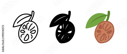 Stylized fruit icons with leaf variations in line, solid, and color styles