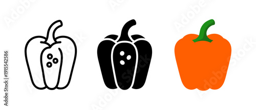 Pepper design in outline, silhouette, and colorful styles on white background