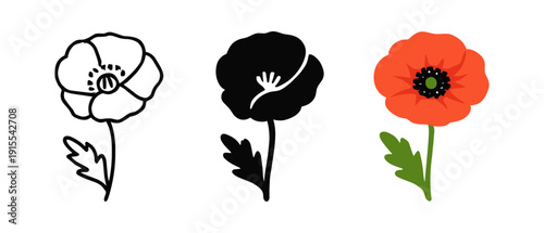 Trio of poppy flower art in outline, silhouette, and color styles
