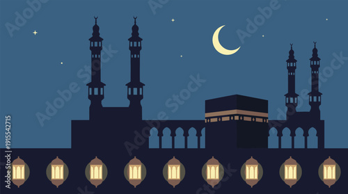 Silhouette of Kaaba and Minarets with Lanterns and Moon at Night
