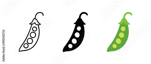 Green pea icons: outline, silhouette, and flat design set