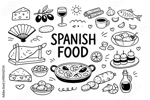 Hand drawn doodle set of traditional Spanish food and Mediterranean cuisine icons