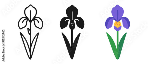 Minimalist and colorful iris flower icons featuring linear, silhouette, and flat designs