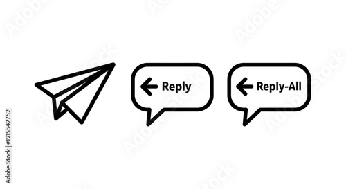 Simple line icons depicting a paper airplane, a speech bubble with 'Reply', and 'Reply-All', representing communication and email functions.