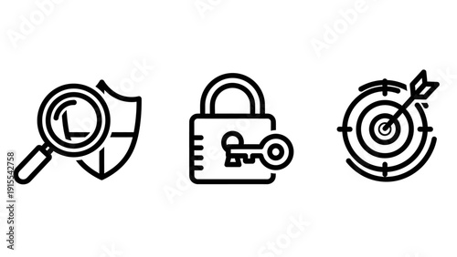 Set of line icons for security and success: magnifying glass on shield for inspection, locked padlock with key for access, and target with arrow for achievement.