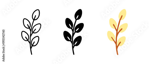 Minimalist leaf branches in different styles: outline, solid, and colorful