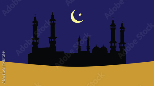 Silhouette of Grand Mosque and Minarets at Night with Crescent Moon and Star