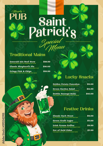 St. Patrick's Day pub menu template with cheerful leprechaun and Irish green beer.