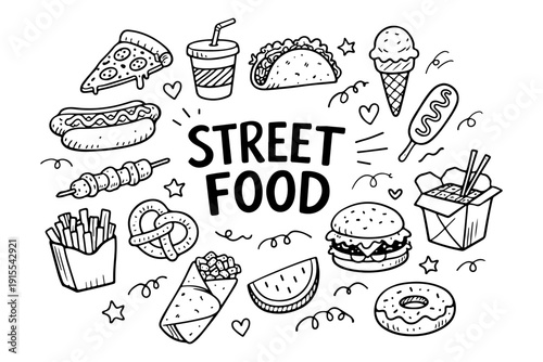 Hand drawn doodle set of street food and fast food icons in line art style