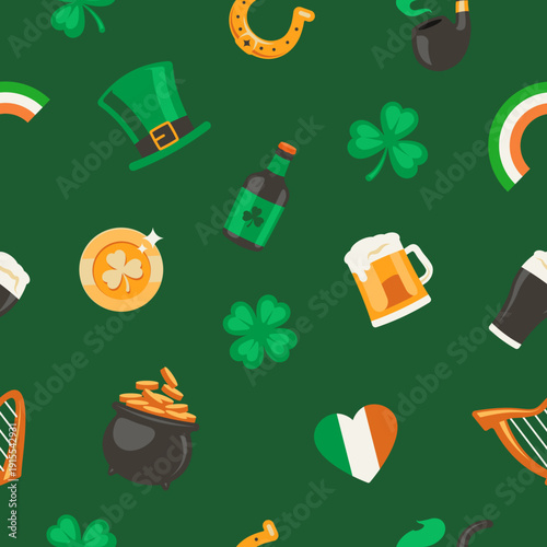 Saint Patrick's Day vector seamless pattern with traditional Irish holiday symbols in flat graphic design style.