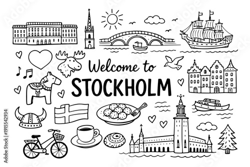 Hand drawn doodle set of Stockholm travel landmarks and Swedish culture symbols