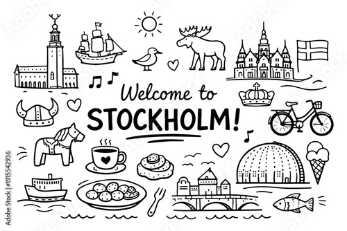 Hand drawn doodle set of Stockholm travel landmarks and Swedish culture symbols