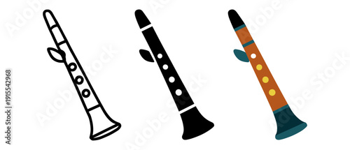 Variety of clarinet icon styles in minimalist, silhouette, and colorful designs