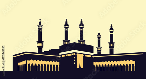 Vintage Style Silhouette of Kaaba and Grand Mosque in Mecca
