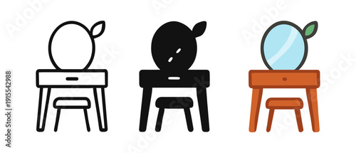 Set of dressing tables with chair and mirror in outline, silhouette, and flat style