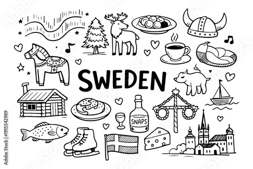 Sweden Travel and Culture Symbols Collection, Hand Drawn Doodle Style Vector