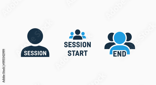 User Session Management Icons showing single person, session start, and end, illustrating digital user experience and group activity with blue and dark blue avatars.