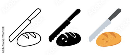 Bread knife icon set: line, solid, and colored styles for kitchen designs