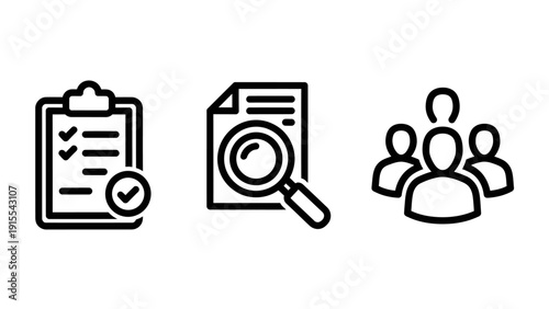 Business process management icons for quality control, document review, and team collaboration, depicted in a clean outline style for corporate and administrative themes.