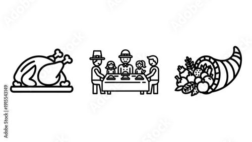 Traditional Thanksgiving holiday icons depicting a roasted turkey, family dinner table, and cornucopia, symbolizing gratitude, harvest celebration, and festive gatherings.