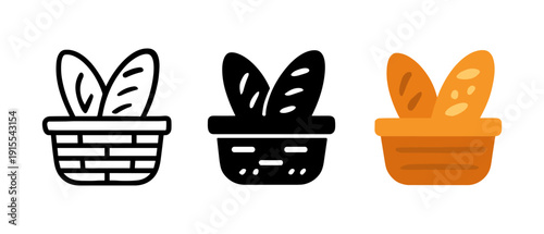 Bread baskets: outline, solid, and colored icon set for food and bakery themes