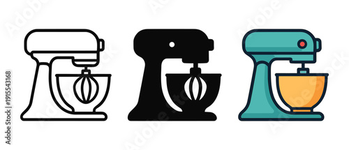 Stylish kitchen mixer icons in outline, silhouette, and colorful variations