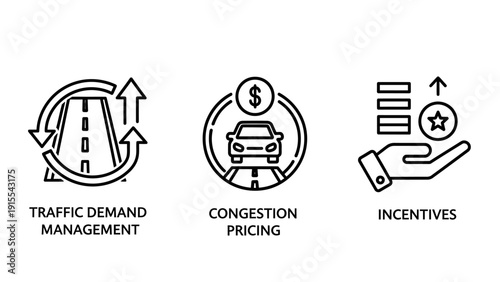 Urban planning and transportation icons including traffic demand management, congestion pricing, and incentives for smart city and sustainable mobility solutions.