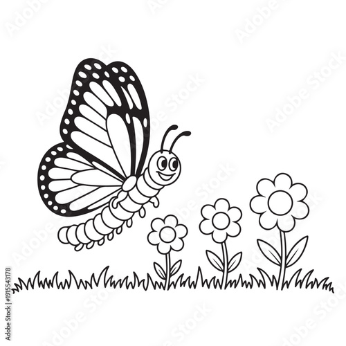 Cute cartoon butterfly caterpillar with happy face flying over a garden of flowers and grass vector illustration outline