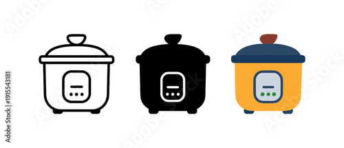 Set of rice cooker icons in outline, silhouette, and colorful flat style