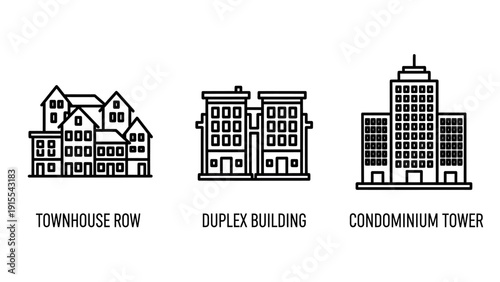Urban residential building icons featuring townhouse rows, duplex buildings, and condominium towers, illustrating diverse housing types and real estate concepts.