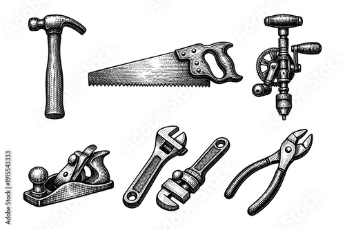 Vintage Engraving Style Hand Tools Collection, Retro Woodcut Vector Illustration