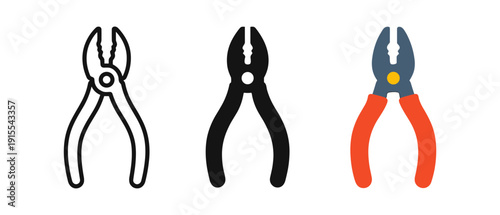 Pliers trio: outline, silhouette, and colorful flat design tools