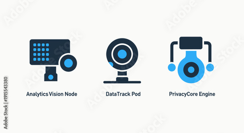 Advanced Analytics Vision Node, DataTrack Pod, and PrivacyCore Engine Icons for Security, Surveillance, and Data Protection Technology.