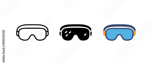 Diverse styles of ski goggles: outline, solid, and colorful designs on white