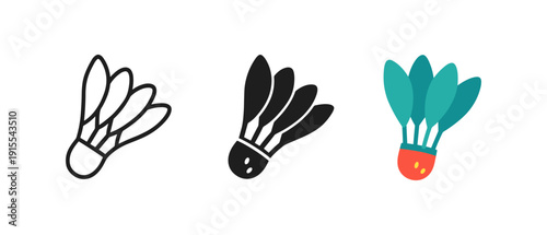 Minimalist badminton shuttlecocks in outline, solid, and colorful styles