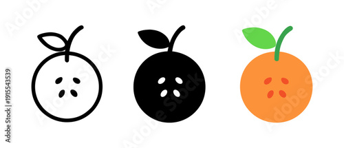 Minimalist orange icons in trio: outline, solid, and colorful flat styles