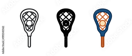 Lacrosse stick trio: outline, silhouette, and colorful designs