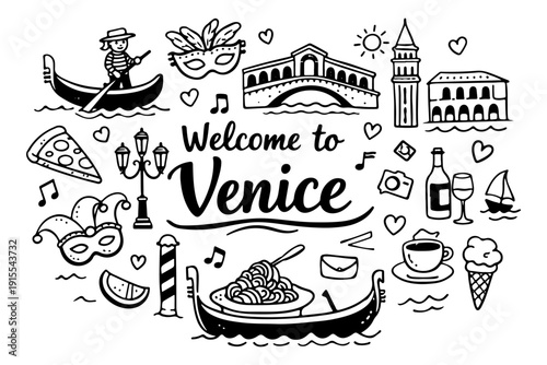 Venice Italy Travel Landmarks and Culture Icons, Hand Drawn Doodle Style Vector