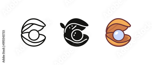 Clam icons: outline, silhouette, and color variations of a clam with pearl