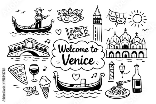 Venice Italy Travel Landmarks and Culture Icons, Hand Drawn Doodle Style Vector