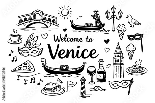 Venice Italy Travel Landmarks and Culture Icons, Hand Drawn Doodle Style Vector