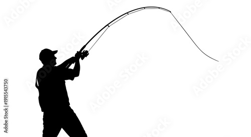 Silhouette of a fisherman casting a fishing rod with a curved line.