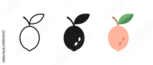 Minimalist fruit icons featuring lemon, lime, and peach in outline, solid, and color styles